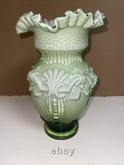 Vintage Large Hand Blown Art Glass Victorian Green & White Ruffled Vase, 12 T Vintage Large Hand Blown Art Glass Victorian Green & White Ruffled Vase, 12 T