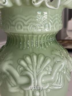 Vintage Large Hand Blown Art Glass Victorian Green & White Ruffled Vase, 12 T Vintage Large Hand Blown Art Glass Victorian Green & White Ruffled Vase, 12 T
