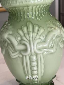 Vintage Large Hand Blown Art Glass Victorian Green & White Ruffled Vase, 12 T Vintage Large Hand Blown Art Glass Victorian Green & White Ruffled Vase, 12 T