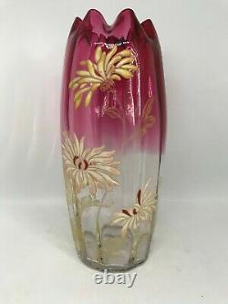 Vintage Legras Quality Enameled St. Denis Chrysanthemum Decor Rubina Glass Vase