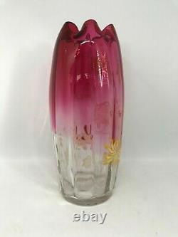 Vintage Legras Quality Enameled St. Denis Chrysanthemum Decor Rubina Glass Vase