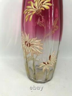 Vintage Legras Quality Enameled St. Denis Chrysanthemum Decor Rubina Glass Vase