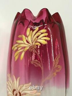 Vintage Legras Quality Enameled St. Denis Chrysanthemum Decor Rubina Glass Vase