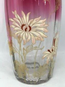 Vintage Legras Quality Enameled St. Denis Chrysanthemum Decor Rubina Glass Vase