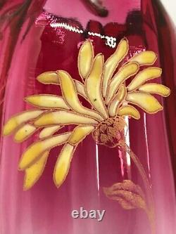 Vintage Legras Quality Enameled St. Denis Chrysanthemum Decor Rubina Glass Vase