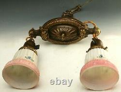 Vintage Light Fixture Hanging Brass Victorian Art Glass Lamp Shades Ceiling
