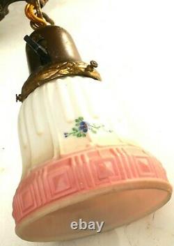 Vintage Light Fixture Hanging Brass Victorian Art Glass Lamp Shades Ceiling