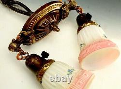 Vintage Light Fixture Hanging Brass Victorian Art Glass Lamp Shades Ceiling