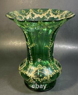 Vintage Moser Bohemian Czech Art Glass Green Vase Hand Painted Floral