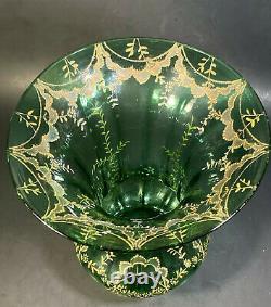 Vintage Moser Bohemian Czech Art Glass Green Vase Hand Painted Floral