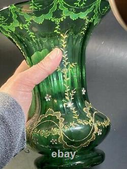 Vintage Moser Bohemian Czech Art Glass Green Vase Hand Painted Floral