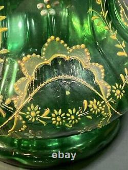 Vintage Moser Bohemian Czech Art Glass Green Vase Hand Painted Floral