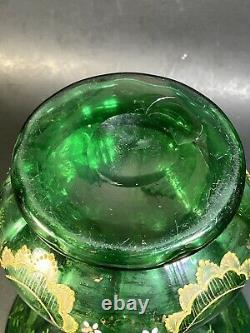 Vintage Moser Bohemian Czech Art Glass Green Vase Hand Painted Floral