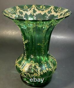 Vintage Moser Bohemian Czech Art Glass Green Vase Hand Painted Floral