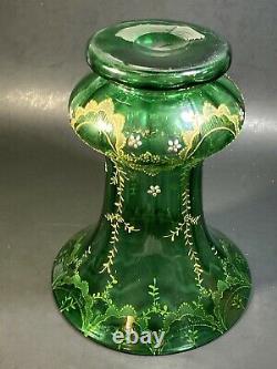 Vintage Moser Bohemian Czech Art Glass Green Vase Hand Painted Floral