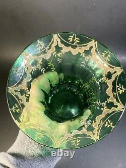 Vintage Moser Bohemian Czech Art Glass Green Vase Hand Painted Floral