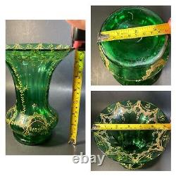 Vintage Moser Bohemian Czech Art Glass Green Vase Hand Painted Floral