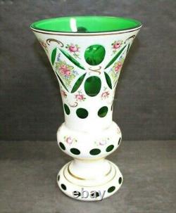 Vintage Moser Bohemian Czech Mantle Vase White Floral Green Glass