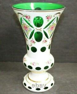 Vintage Moser Bohemian Czech Mantle Vase White Floral Green Glass