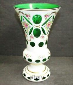 Vintage Moser Bohemian Czech Mantle Vase White Floral Green Glass