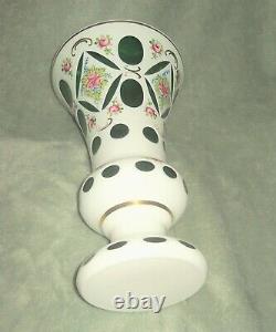 Vintage Moser Bohemian Czech Mantle Vase White Floral Green Glass