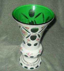 Vintage Moser Bohemian Czech Mantle Vase White Floral Green Glass