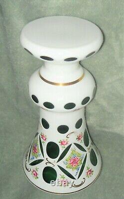 Vintage Moser Bohemian Czech Mantle Vase White Floral Green Glass