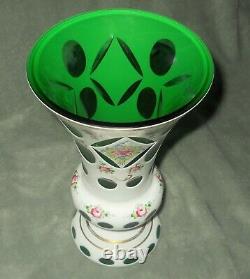 Vintage Moser Bohemian Czech Mantle Vase White Floral Green Glass