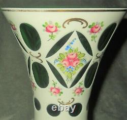 Vintage Moser Bohemian Czech Mantle Vase White Floral Green Glass