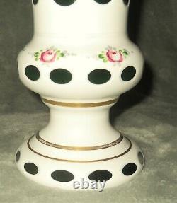 Vintage Moser Bohemian Czech Mantle Vase White Floral Green Glass