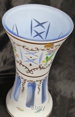 Vintage Moser Bohemian Czech Vase Bohemian White Overlay Blue Glass Floral Panel