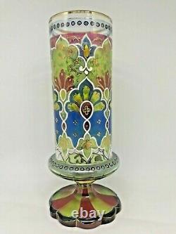 Vintage Moser Glass Heavy Enameled Multi Colored Floral Decor-Cylindrical Vase