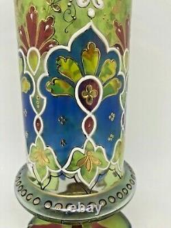Vintage Moser Glass Heavy Enameled Multi Colored Floral Decor-Cylindrical Vase