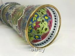 Vintage Moser Glass Heavy Enameled Multi Colored Floral Decor-Cylindrical Vase
