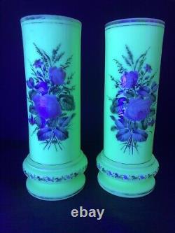 Vintage Pair (2) Uranium Opaline Glass Handpainted Floral Vases Unbranded