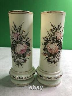 Vintage Pair (2) Uranium Opaline Glass Handpainted Floral Vases Unbranded