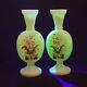 Vintage Pair (2) Uranium Opaline Glass Handpainted Floral Vases Unbranded Read