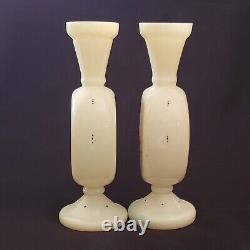 Vintage Pair (2) Uranium Opaline Glass Handpainted Floral Vases Unbranded READ