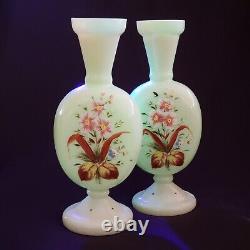 Vintage Pair (2) Uranium Opaline Glass Handpainted Floral Vases Unbranded READ
