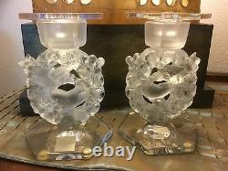 Vintage Pair LALIQUE Crystal Candleholder Mesanges Circa 1940's Signed 7