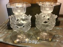 Vintage Pair LALIQUE Crystal Candleholder Mesanges Circa 1940's Signed 7