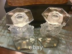 Vintage Pair LALIQUE Crystal Candleholder Mesanges Circa 1940's Signed 7