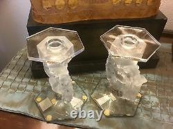 Vintage Pair LALIQUE Crystal Candleholder Mesanges Circa 1940's Signed 7