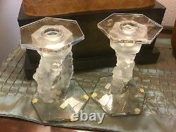 Vintage Pair LALIQUE Crystal Candleholder Mesanges Circa 1940's Signed 7