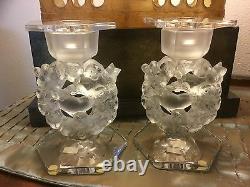 Vintage Pair LALIQUE Crystal Candleholder Mesanges Circa 1940's Signed 7