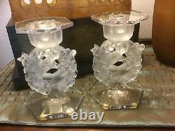 Vintage Pair LALIQUE Crystal Candleholder Mesanges Circa 1940's Signed 7