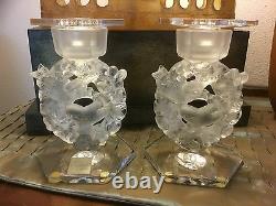 Vintage Pair LALIQUE Crystal Candleholder Mesanges Circa 1940's Signed 7