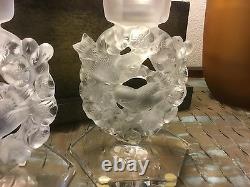 Vintage Pair LALIQUE Crystal Candleholder Mesanges Circa 1940's Signed 7