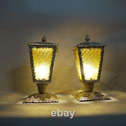 Vintage Pair Victorian Art Deco Outdoor Lanterns Ornate Brass & Amber Glass