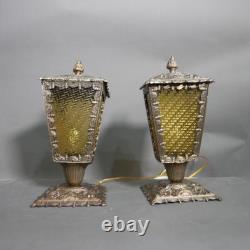 Vintage Pair Victorian Art Deco Outdoor Lanterns Ornate Brass & Amber Glass